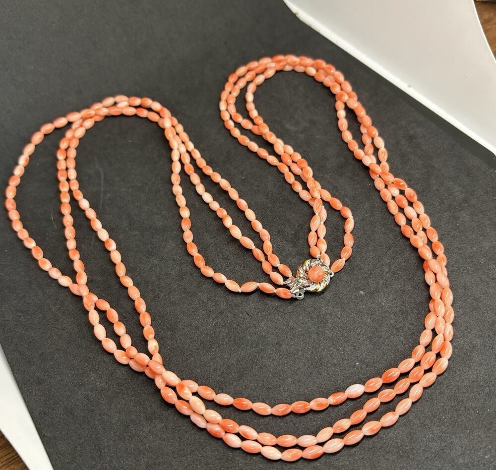 Vintage Sterling Silver Angel Skin Pink Coral Bead Opera Multi Strand Necklace